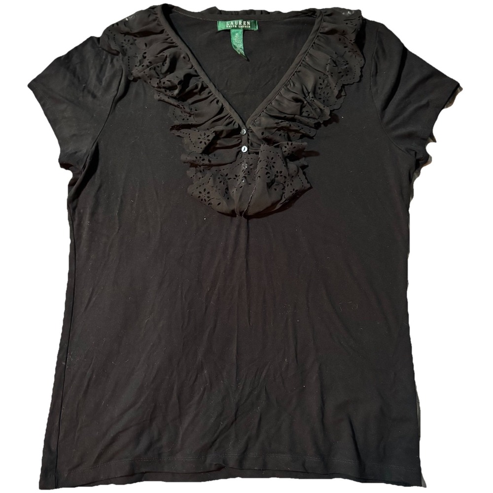 Lauren Ralph Lauren Black Eyelet Ruffle V-Neck Short Sleeve Top XL 00000624 - Picture 1 of 5